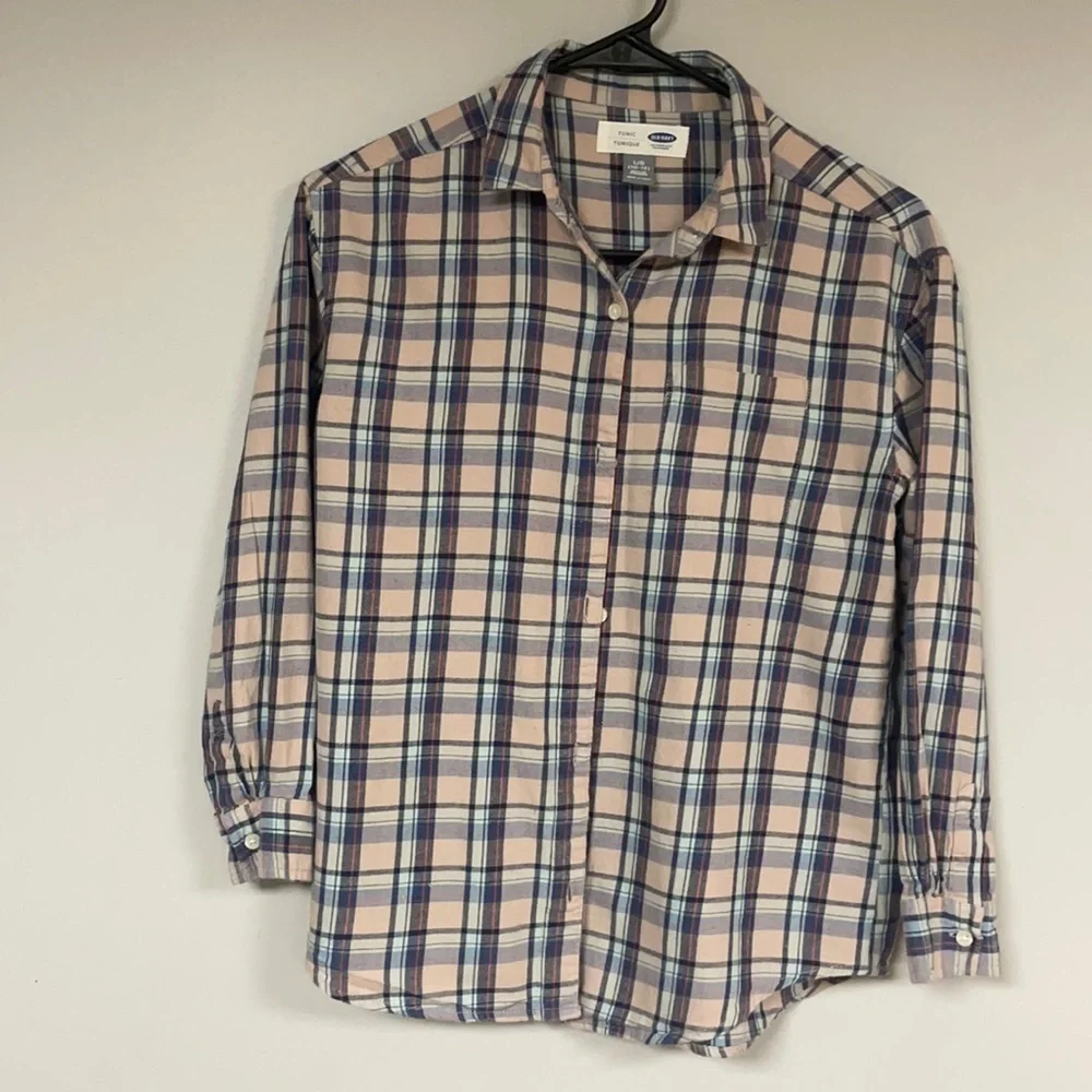 Old Navy (Tunic) Girls pink & navy plaid flannel, shirt Lg